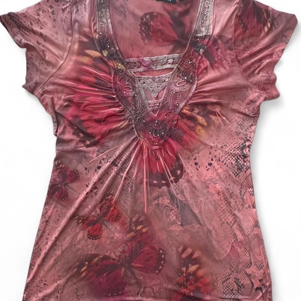 APT 9 Chic Pink Butterfly Women's Short Sleeve Top